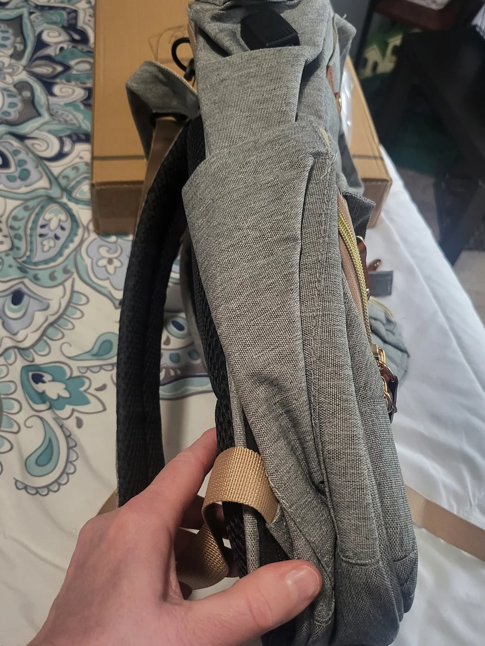 Gray Quilted Baby Bag Backpack Tote with Brown Accents
